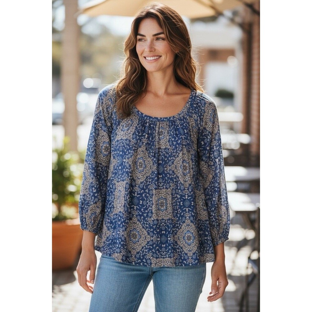 Lila Rose Women’s Large Blue Boho Medallion Print Blouse 3/4 Sleeve Rayon